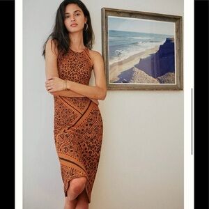 FARM Rio Tan and Black Patterned Midi Dress